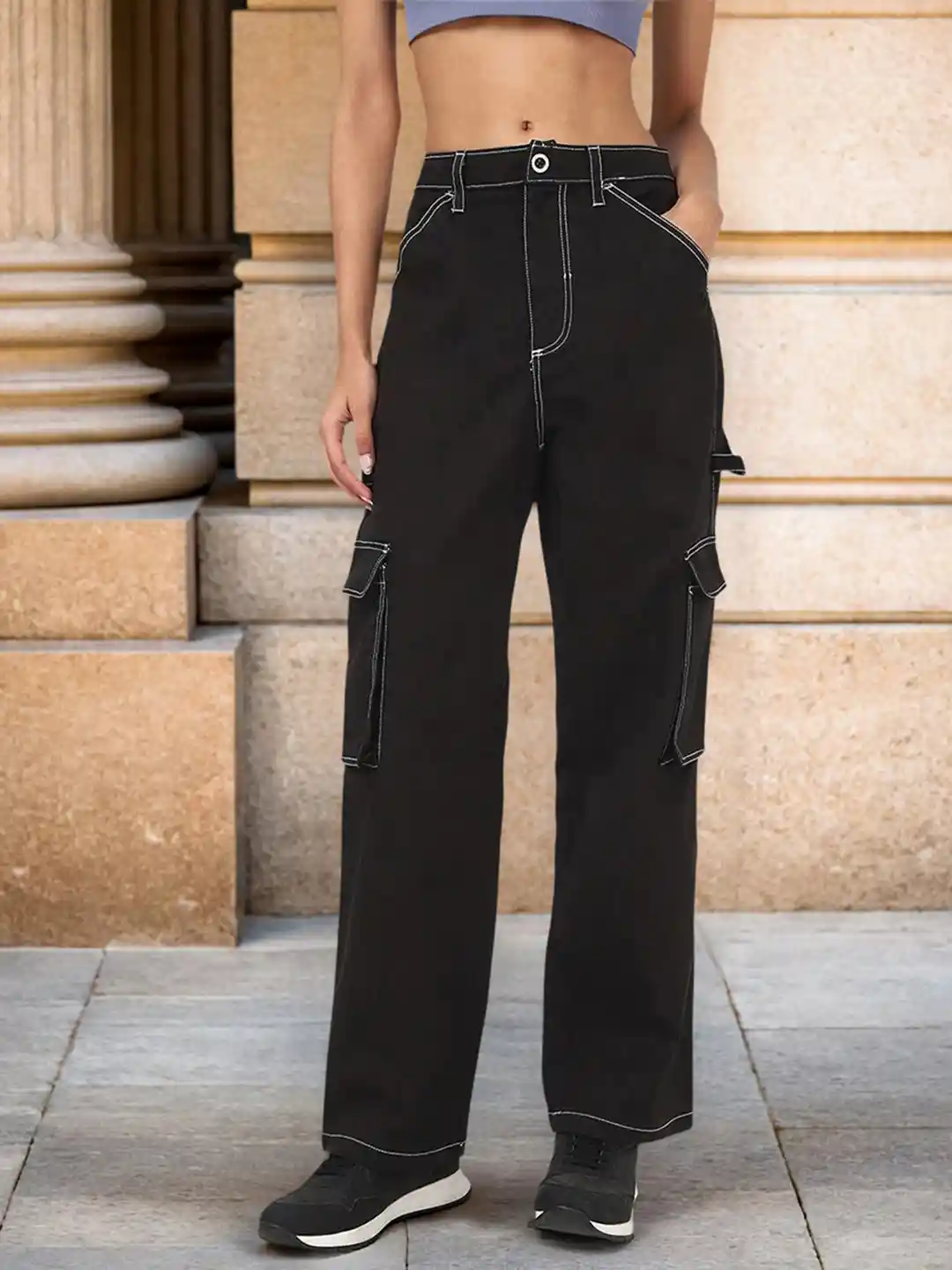 Buy Bewakoof Women Cotton Black Cargo Carpenter Pants Trousers