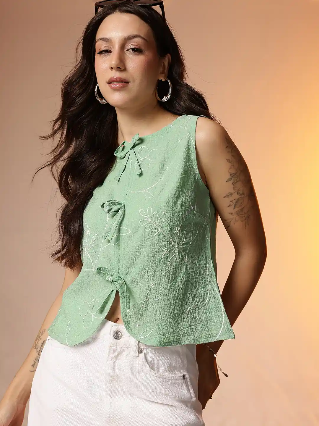 Buy CORSICA Floral Embroidered Tie-Up Top Tops for Women