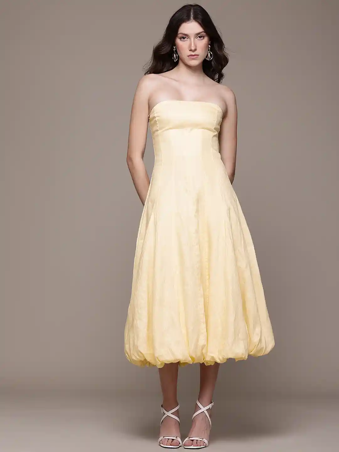 MANGO SELECTION Pure Linen Strapless Midi Balloon Dress