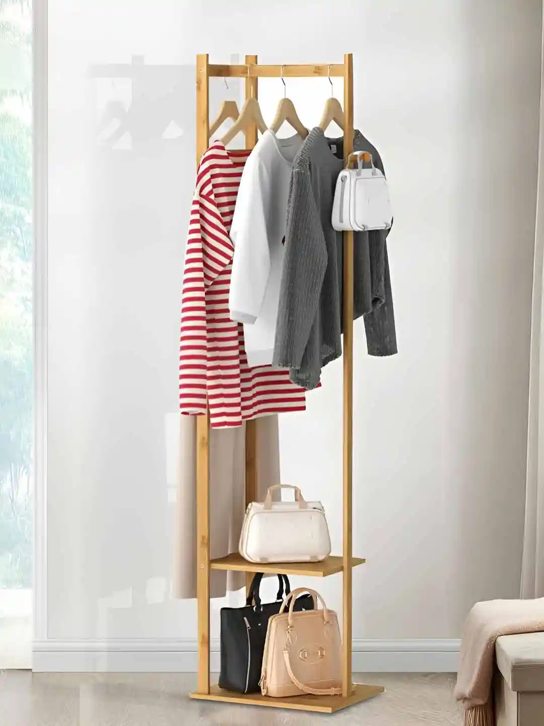 Buy ADA Handicraft Beige Bamboo Wooden Cloth Rack Stand Racks