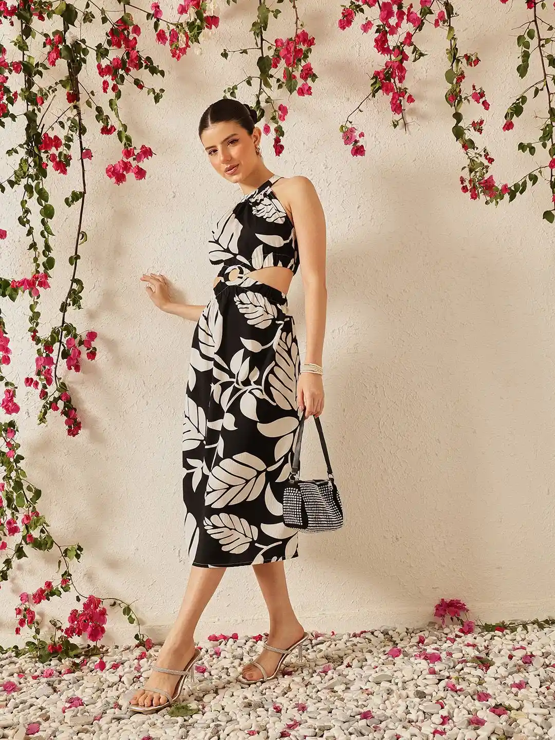 STREET Women Floral Print Crepe Halter Neck Cut Outs A-Line Midi Dress