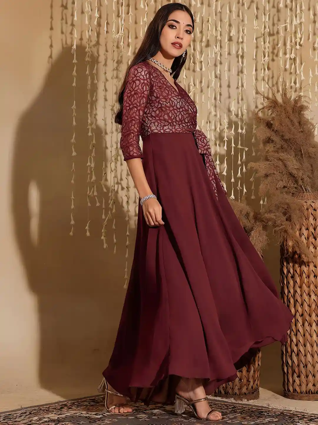 Buy Miss Chase Womens V-Neck Floral Wrap Georgette Ethnic Maxi