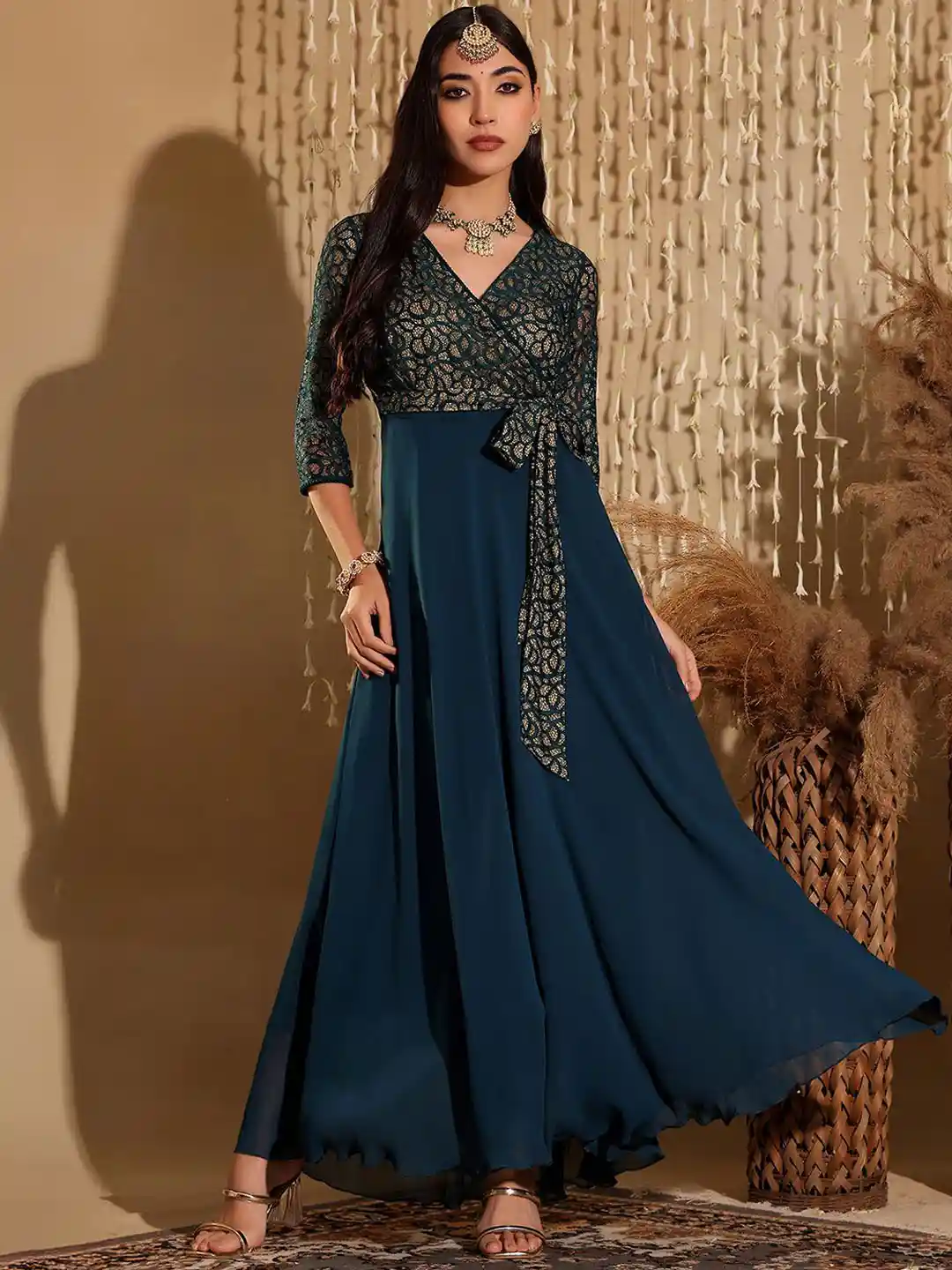 Miss Chase Women V-Neck Floral Wrap Georgette Ethnic Maxi Dress