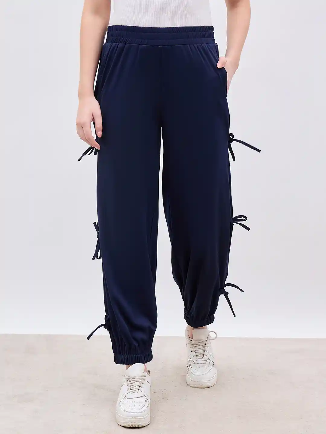 Buy Styli Women High Rise Cuffed Hem Bow Side Detail Jogger