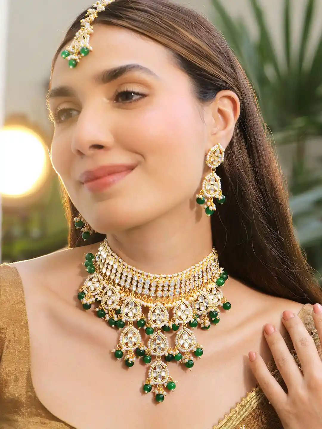 Buy Rubans 22K Gold-Plated White Kundan Studed Green Pearl