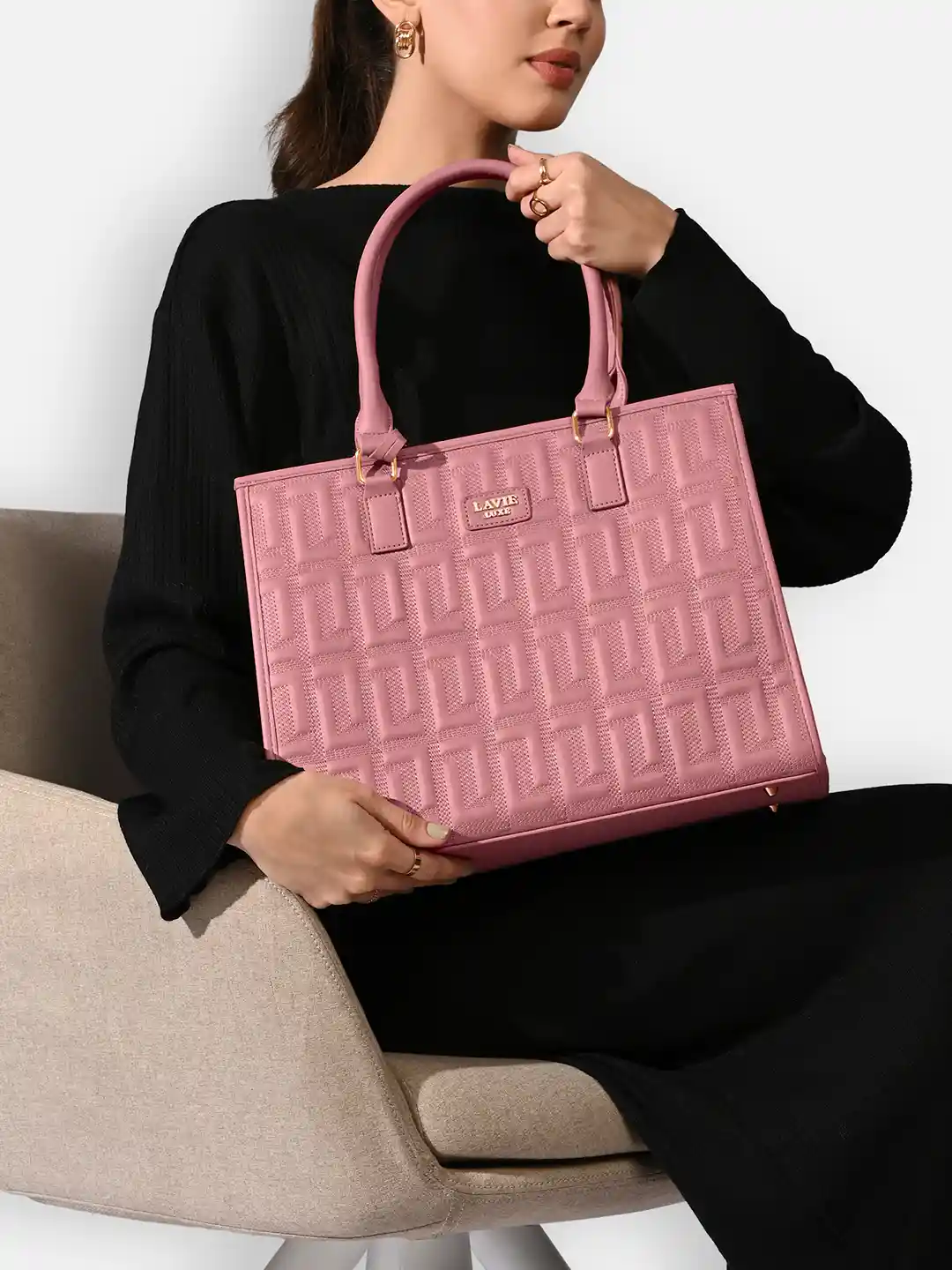 LAVIE LUXE Textured Oversized Structured Compartment Top Zip Satchel Bag