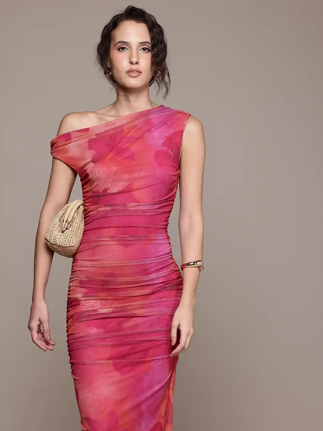 Buy MANGO Floral Print Ruched Effect One Shoulder Mesh Party