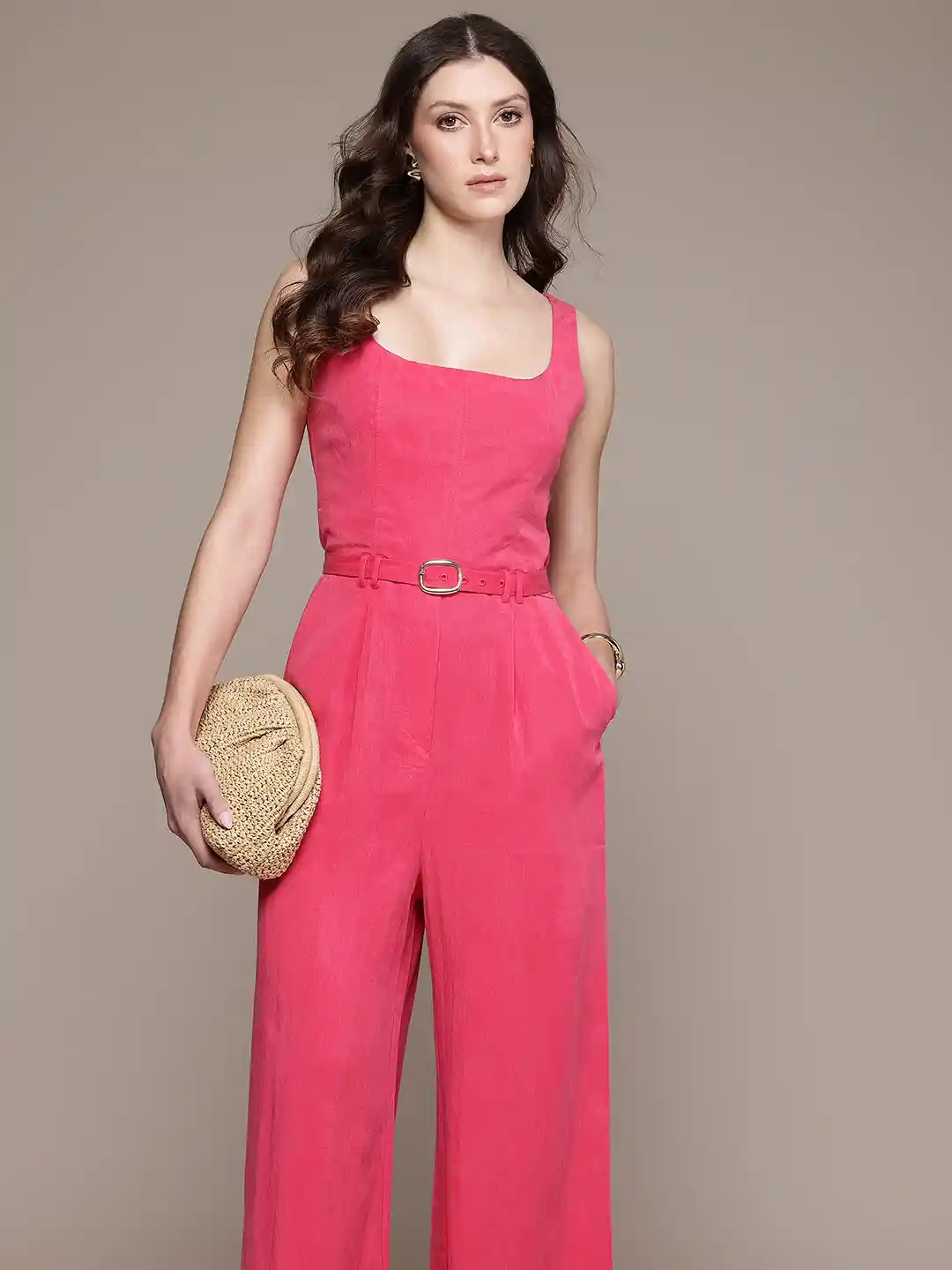 MANGO Solid Square Neck Sleeveless Belted Basic Jumpsuit