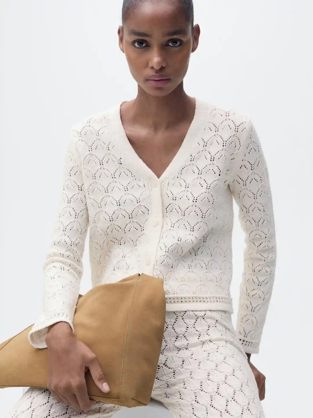 Long Sleeve Mango Ladies Knitwear MANGO Open-Knit Semi-Sheer Cardigan