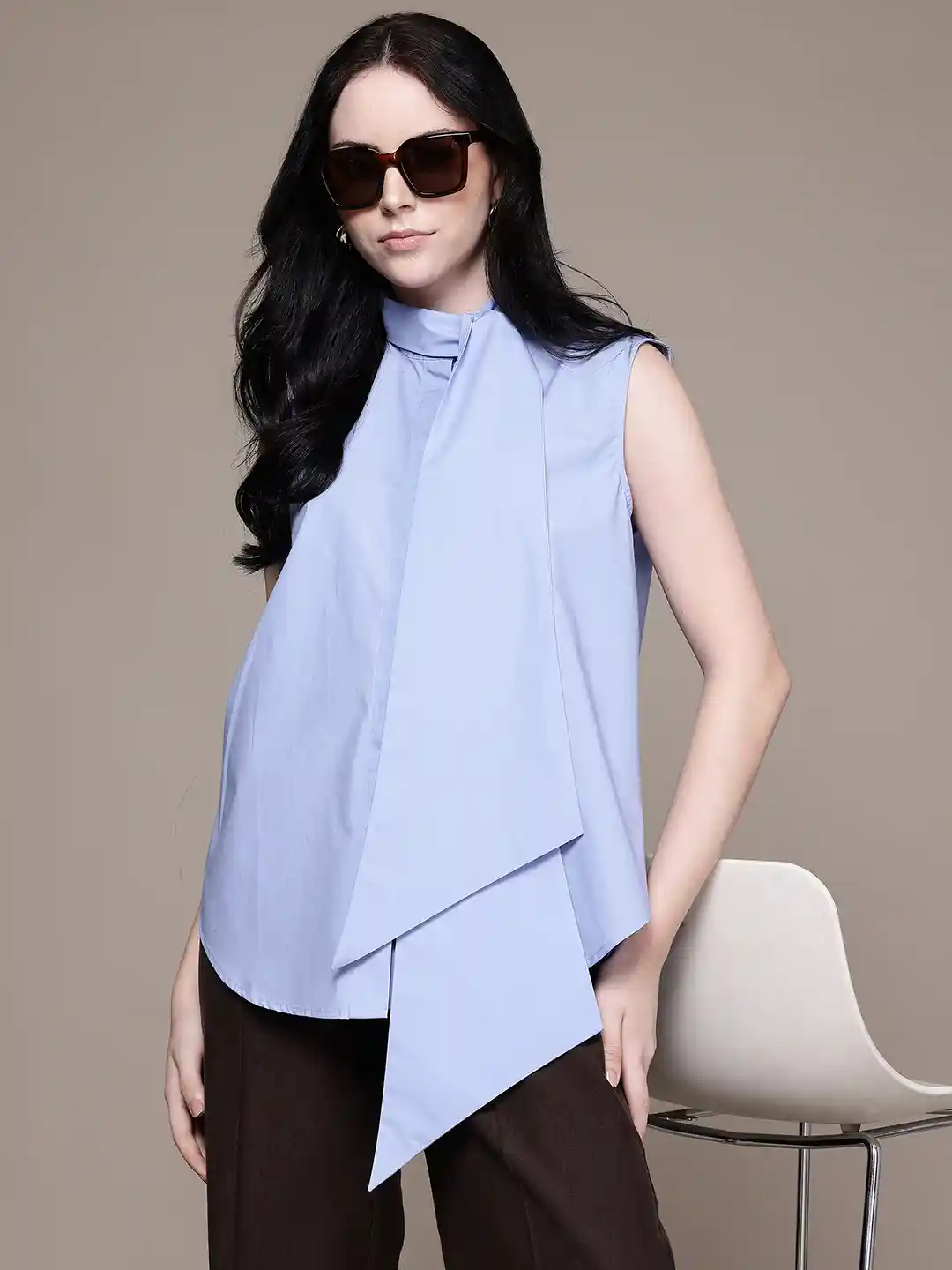 MANGO Scarf Neck Pure Cotton Relaxed Fit Shirt Style Top