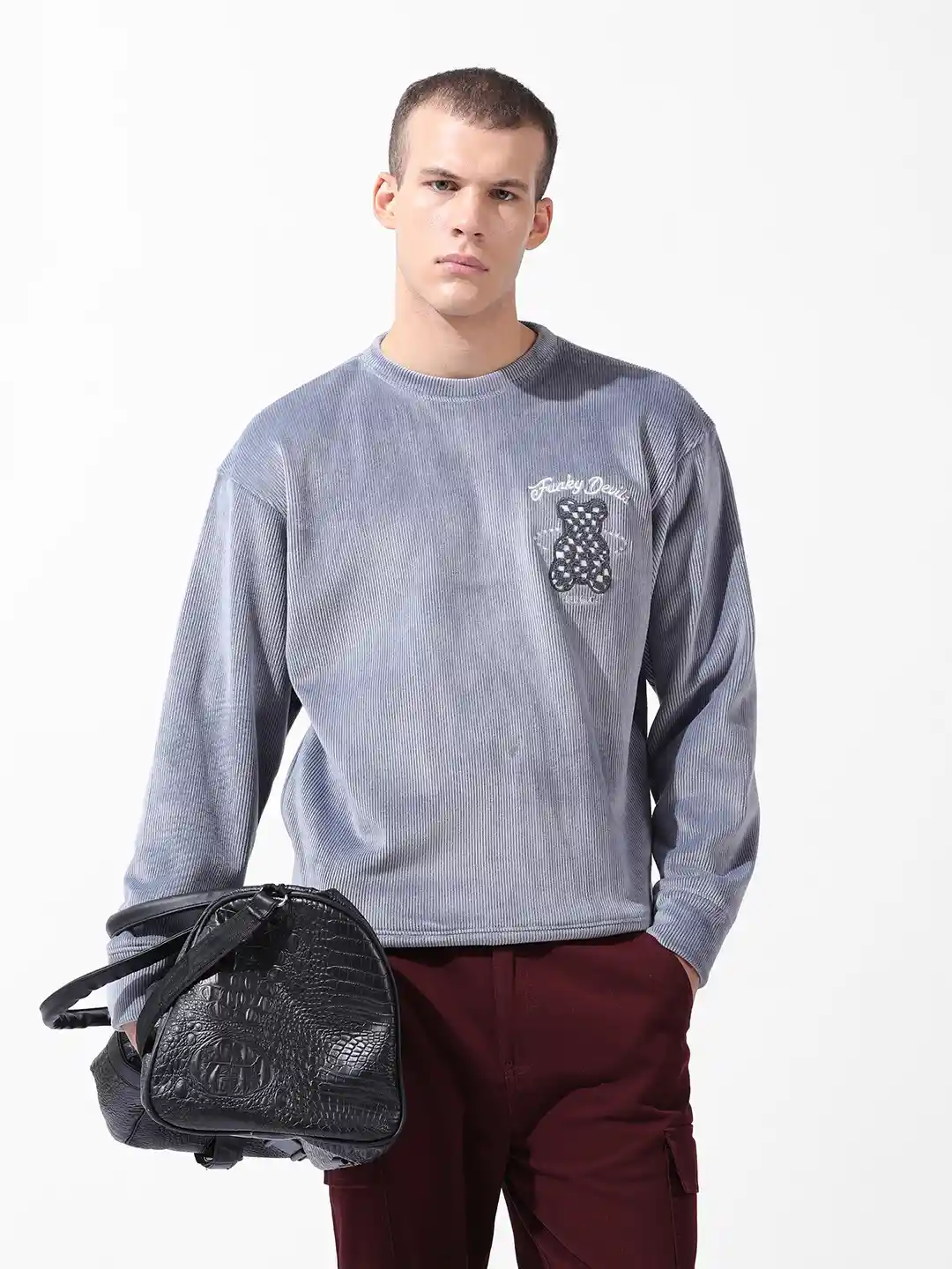 The Indian Garage Co Men Oversized Self Design Corduroy Crew Neck Sweatshirt