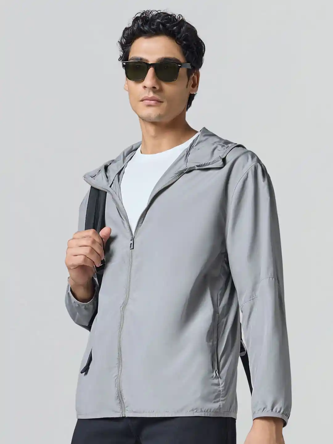 XYXX Men Solid Ozone UV Protection Polyester Quick Dry Ash Grey Hooded  Parka Jacket