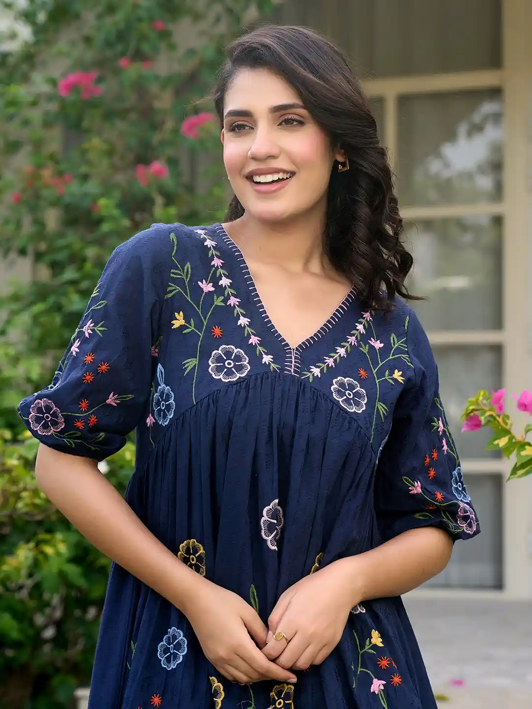 Buy ZUMMER Women Floral Embroidered Puff Sleeve Empire Cotton