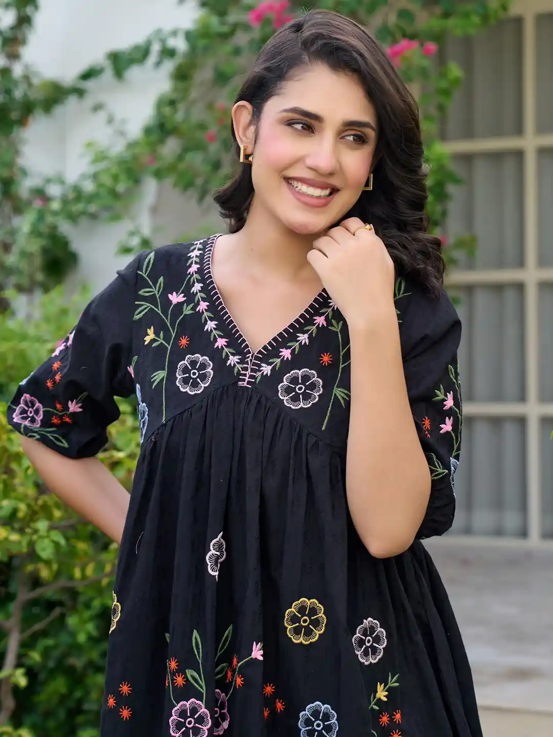 Buy ZUMMER Floral Embroidered Puff Sleeve Pure Cotton Empire Dress