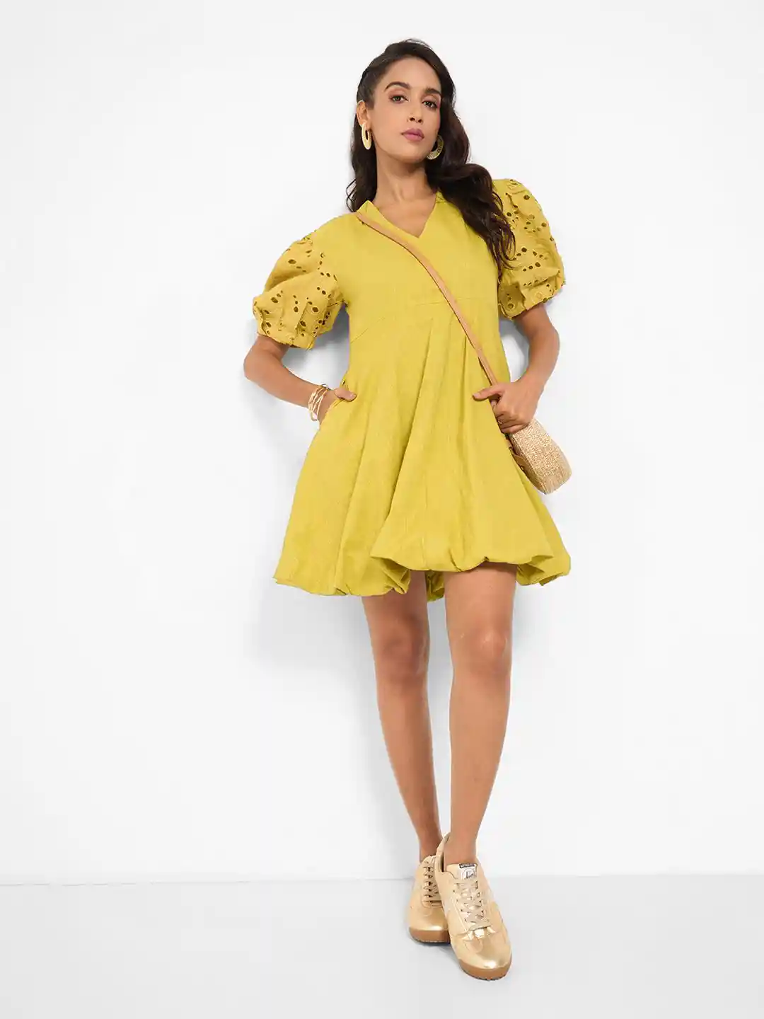 Buy AKKRITI BY PANTALOONS Schiffli Flared Sleeve Balloon Dress