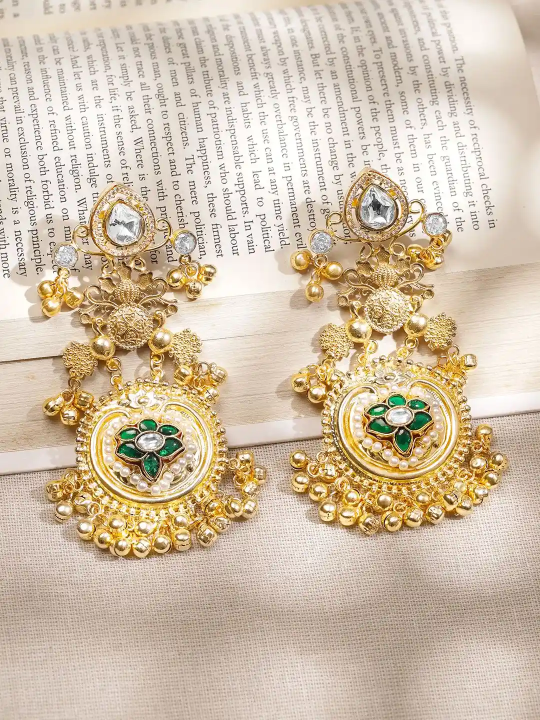 Buy Rubans 22K Gold-Plated Emerald Green White Stone Floral
