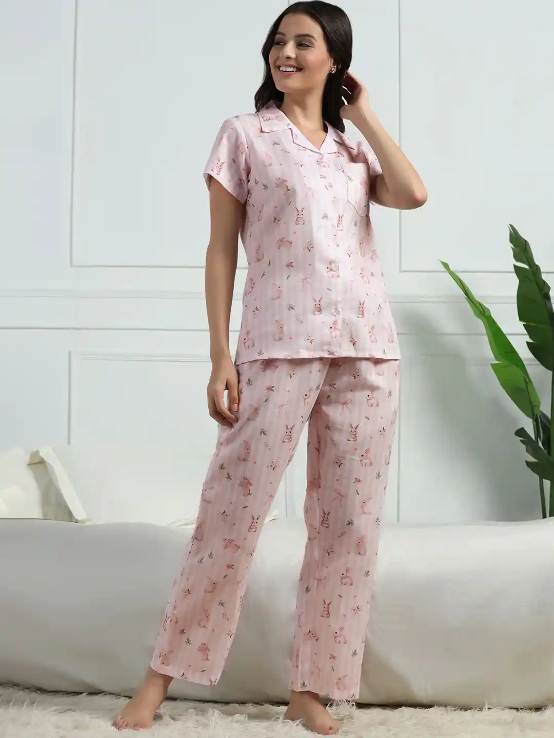 Buy House of Comfort Women Pink Bunny Printed Shirt Pyjamas