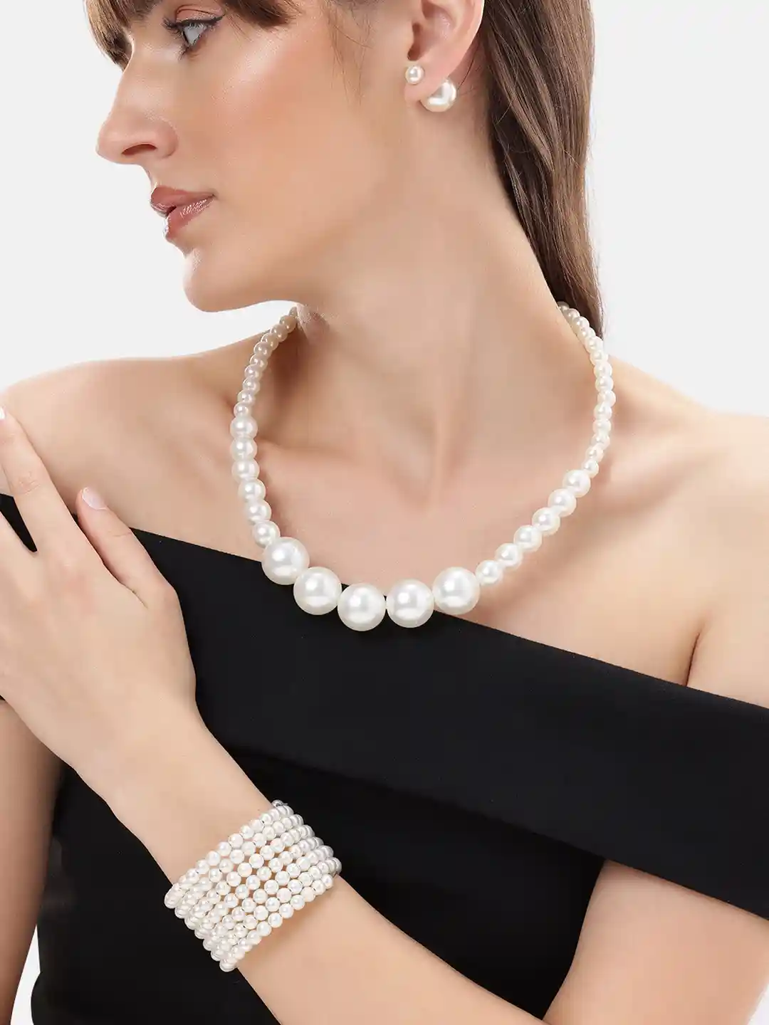 Buy Mansiyaorange Pearl Beaded Necklace, Bracelet Stud Earrings