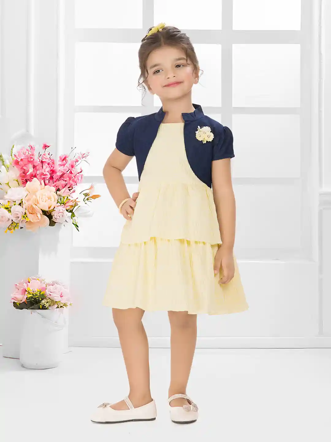 Floral Print Synthetic Material Knee Length Tiered Dress with Denim  Jacket,for Kids Girls