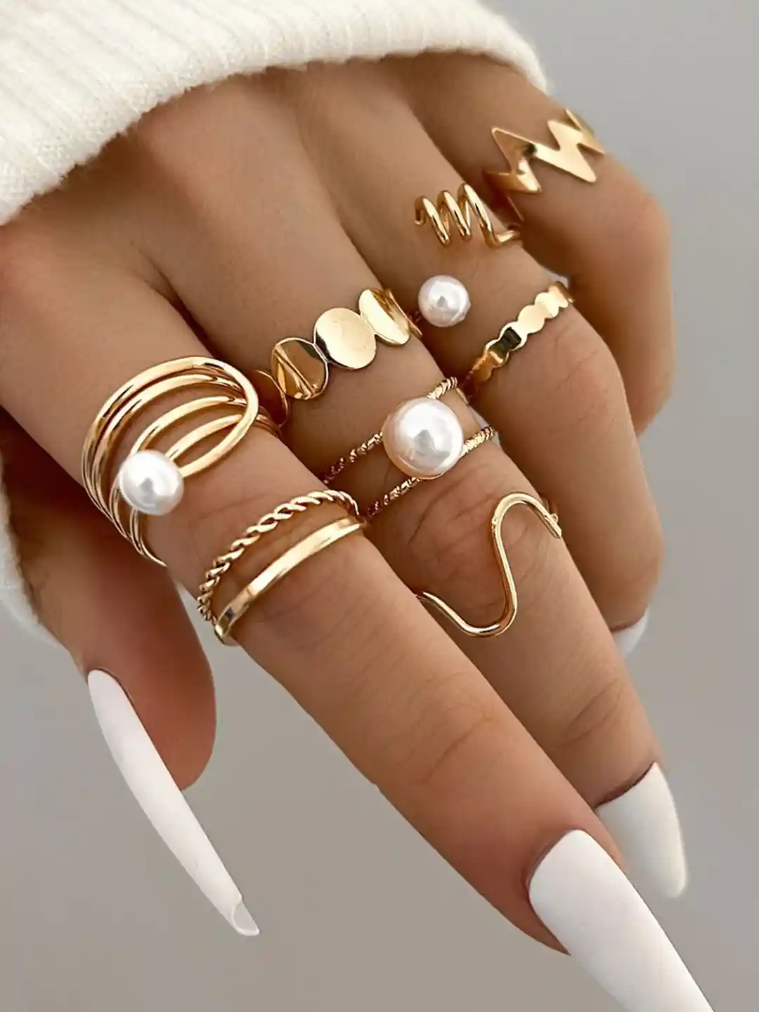 Shining Diva Fashion Set Of Gold-Plated Pearls Beaded Hypoallergenic  Finger Rings