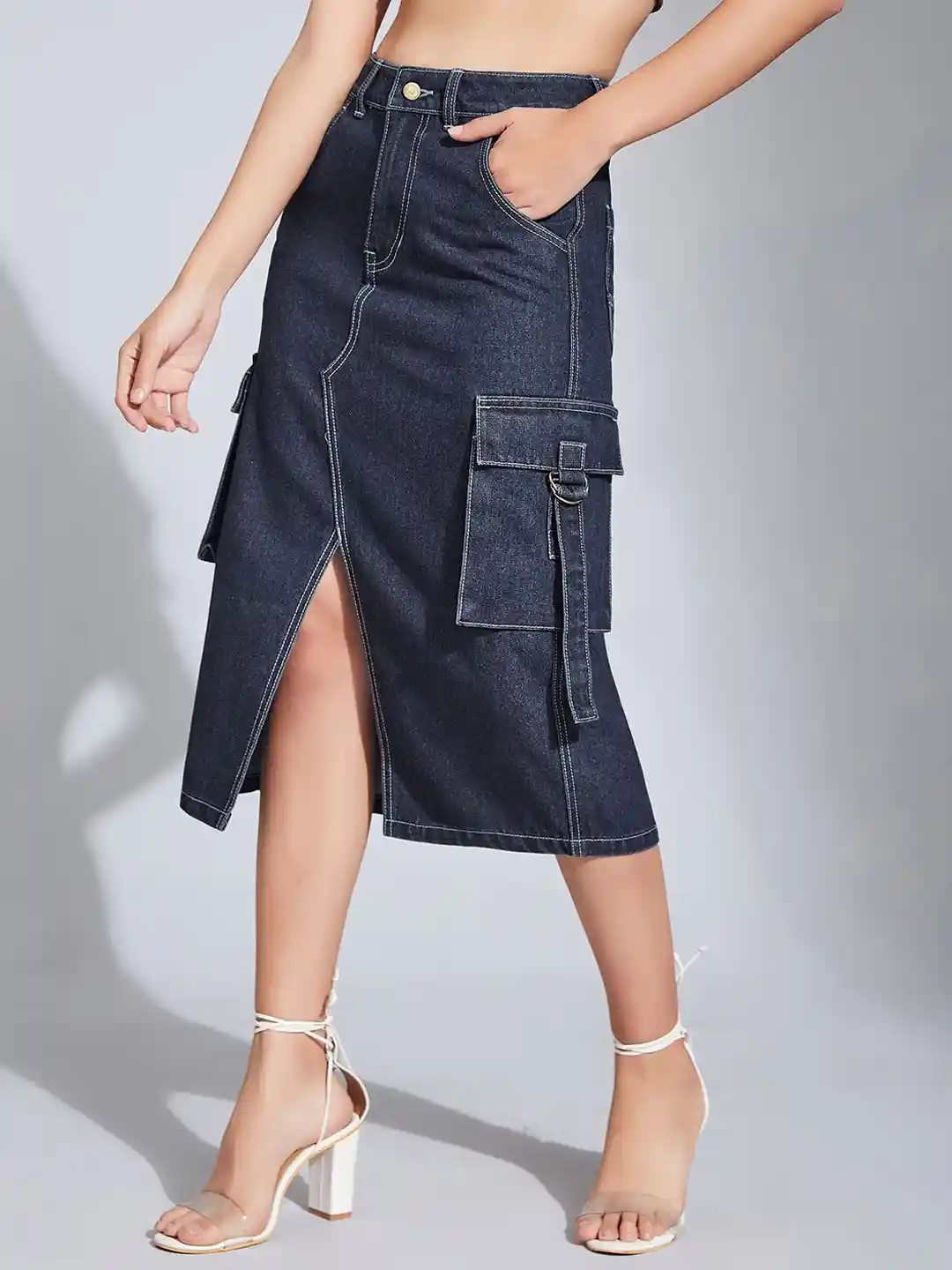 Women's Navy Blue Straight High Rise Clean Look Midi Denim Skirt