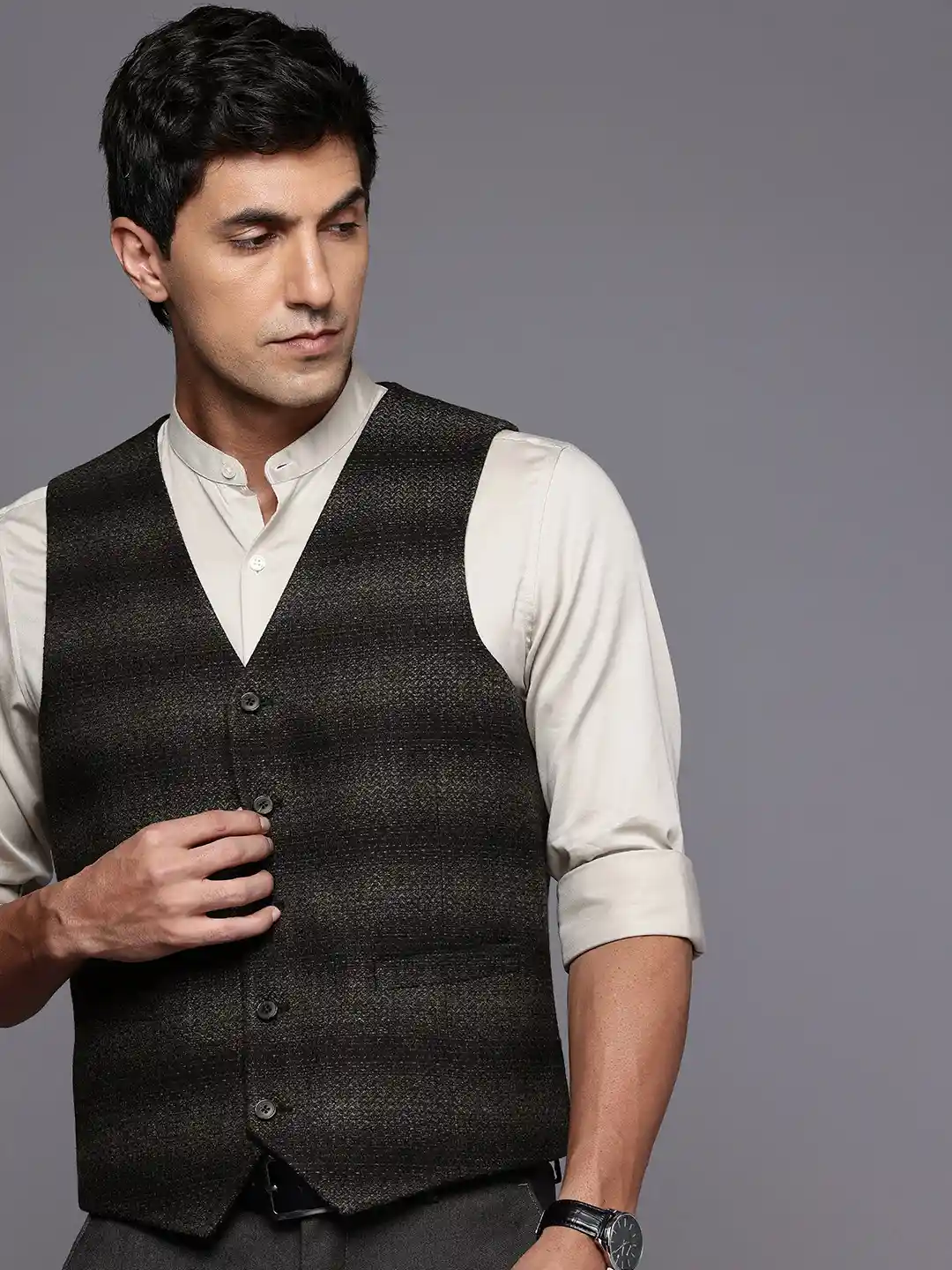 Buy Theme Striped V-Neck Regular Fit Waistcoat Waistcoat for Men