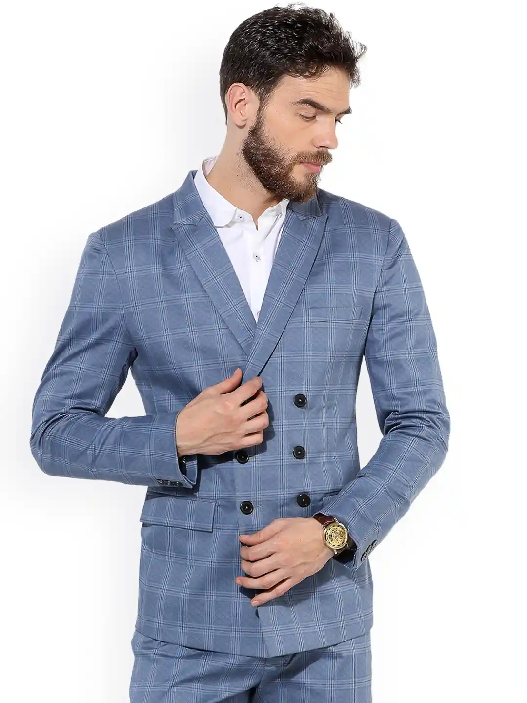 Buy MR BUTTON Blue Double Breasted Slim Fit Blazer with Multiple