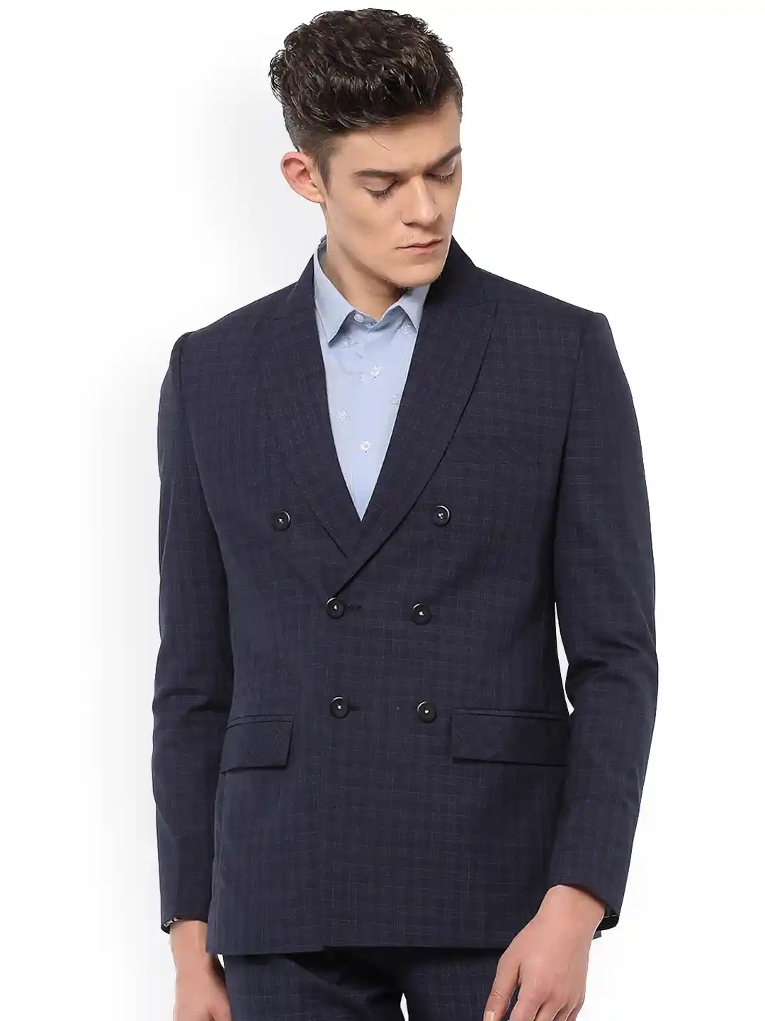 Buy MR BUTTON Blue Square Box Double Breasted Slim Fit Blazer