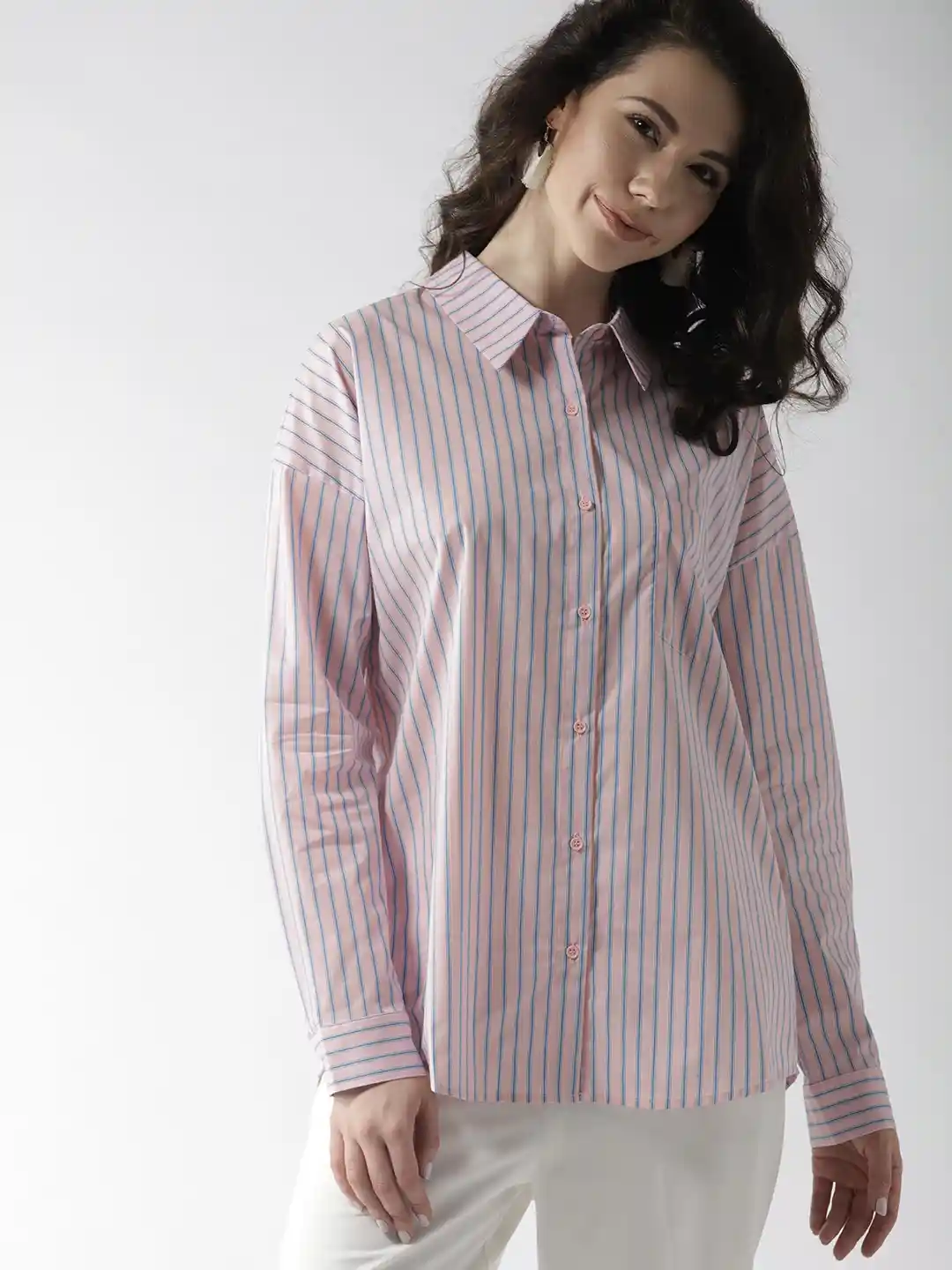 Buy FOREVER 21 Women Pink Blue Regular Fit Striped Casual Shirt