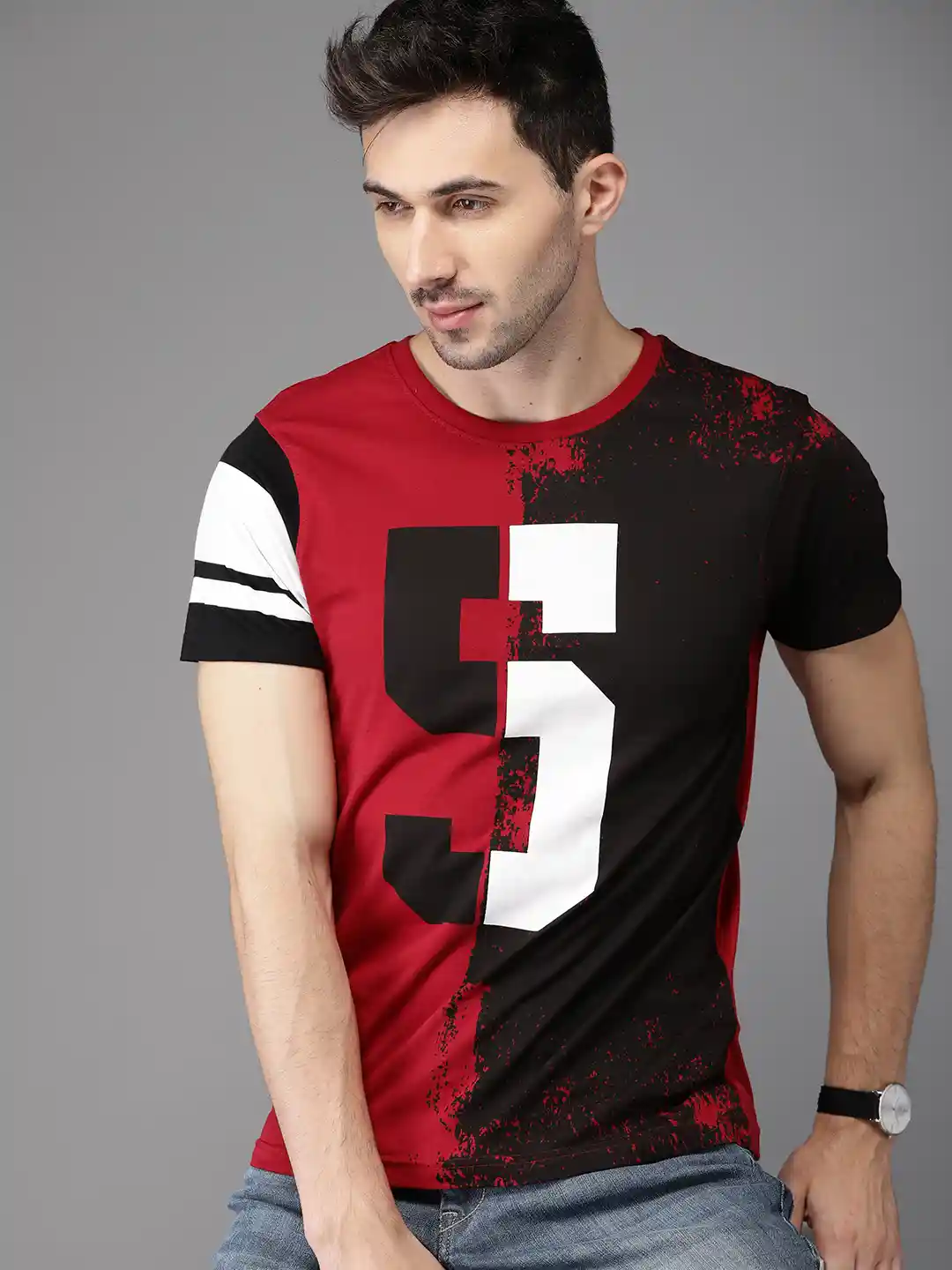 Buy HERENOW Men Red Printed Round Neck Pure Cotton T-shirt