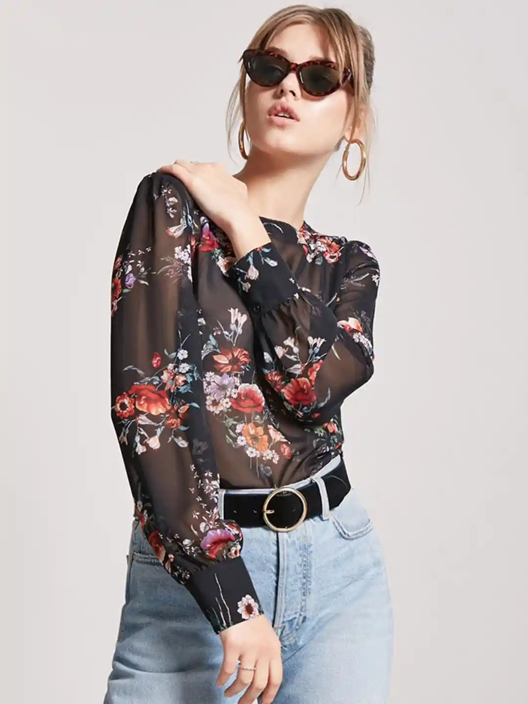 Buy FOREVER 21 Women Black Floral Print Sheer Top Tops for Women