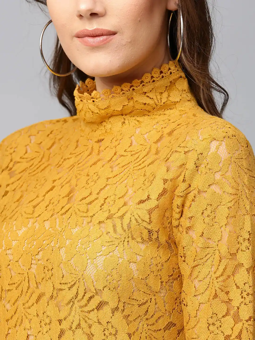 Buy SASSAFRAS Women Mustard Yellow Lace Pure Cotton Top Tops for