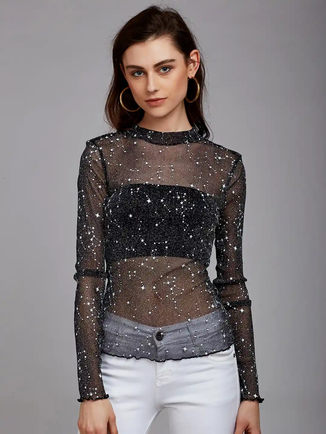 Buy Berrylush Women Black Embellished Fitted Sheer Top Tops for