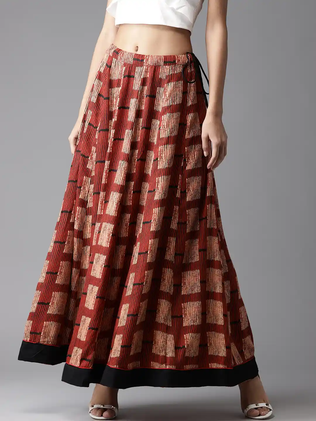 Buy Moda Rapido Rust Red & Beige Printed Maxi Flared Skirt