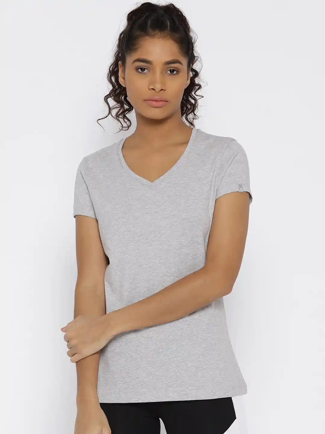 Buy Jockey Women Grey Melange Solid V-Neck T-shirt Tshirts for