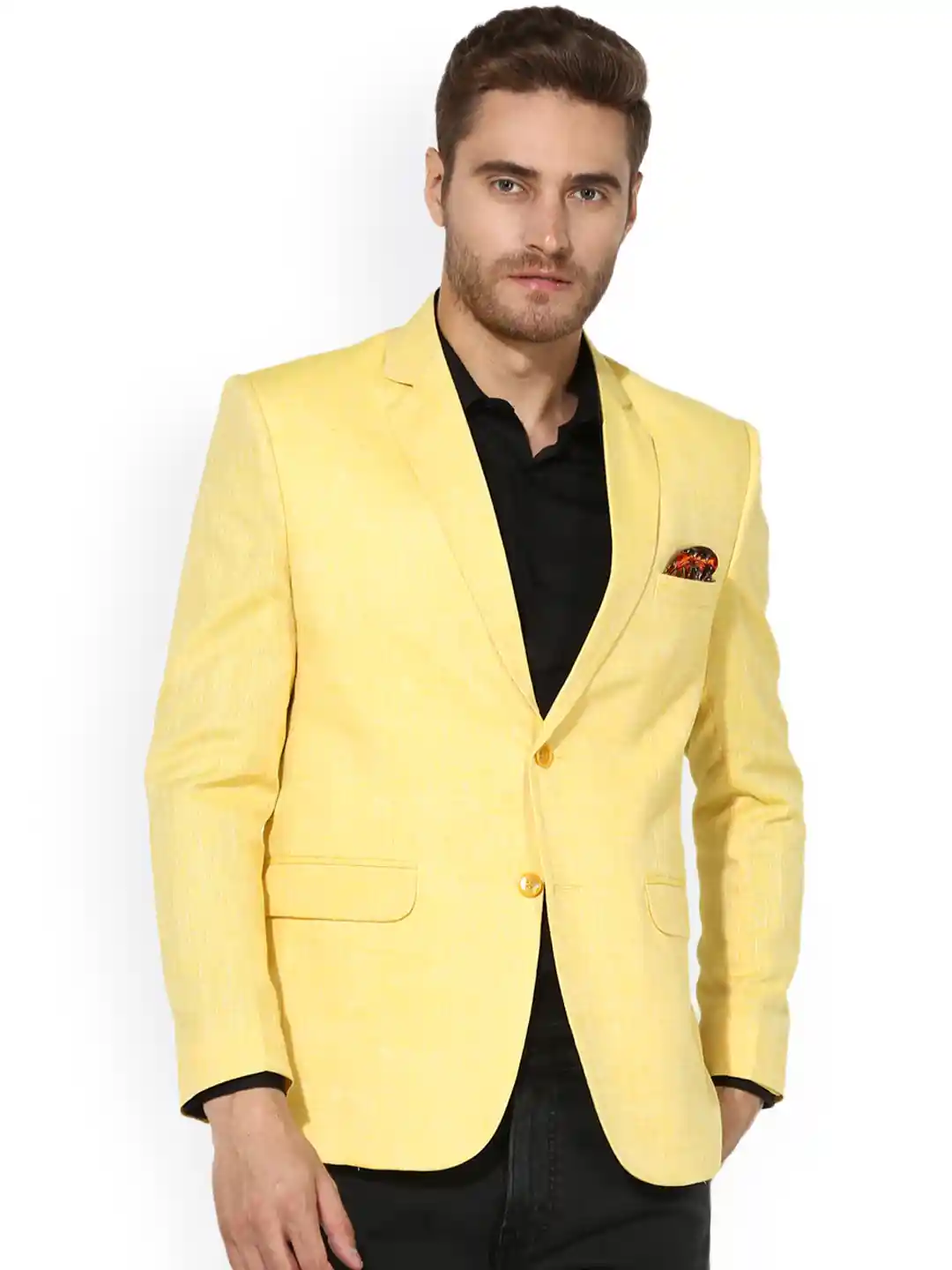 Buy Hangup Men Yellow Solid Single-Breasted Linen Casual Blazer