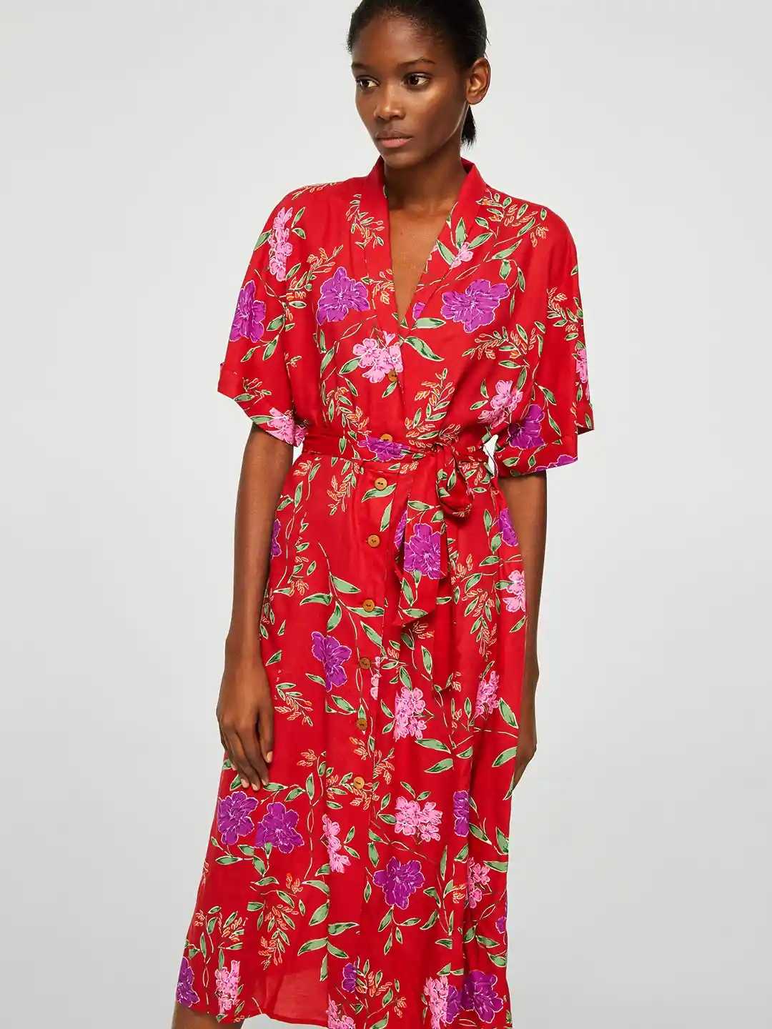 Buy MANGO Women Red Green Printed Midi Shirt Dress Dresses for