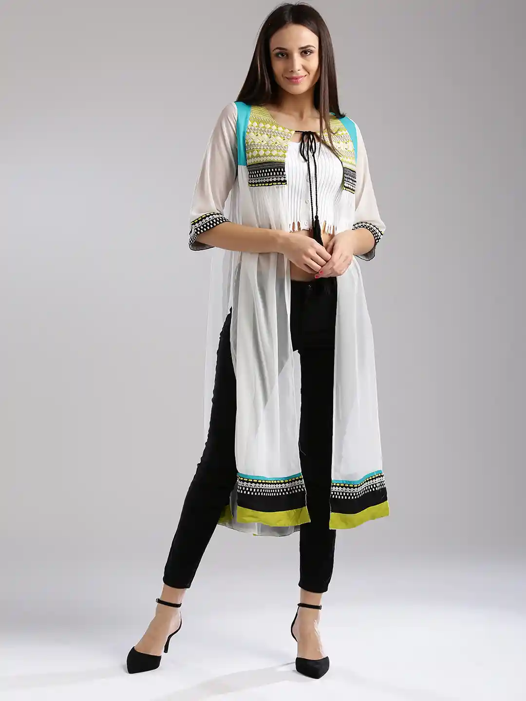 Buy W Women White Embroidered Longline Ethnic Jacket Jackets for