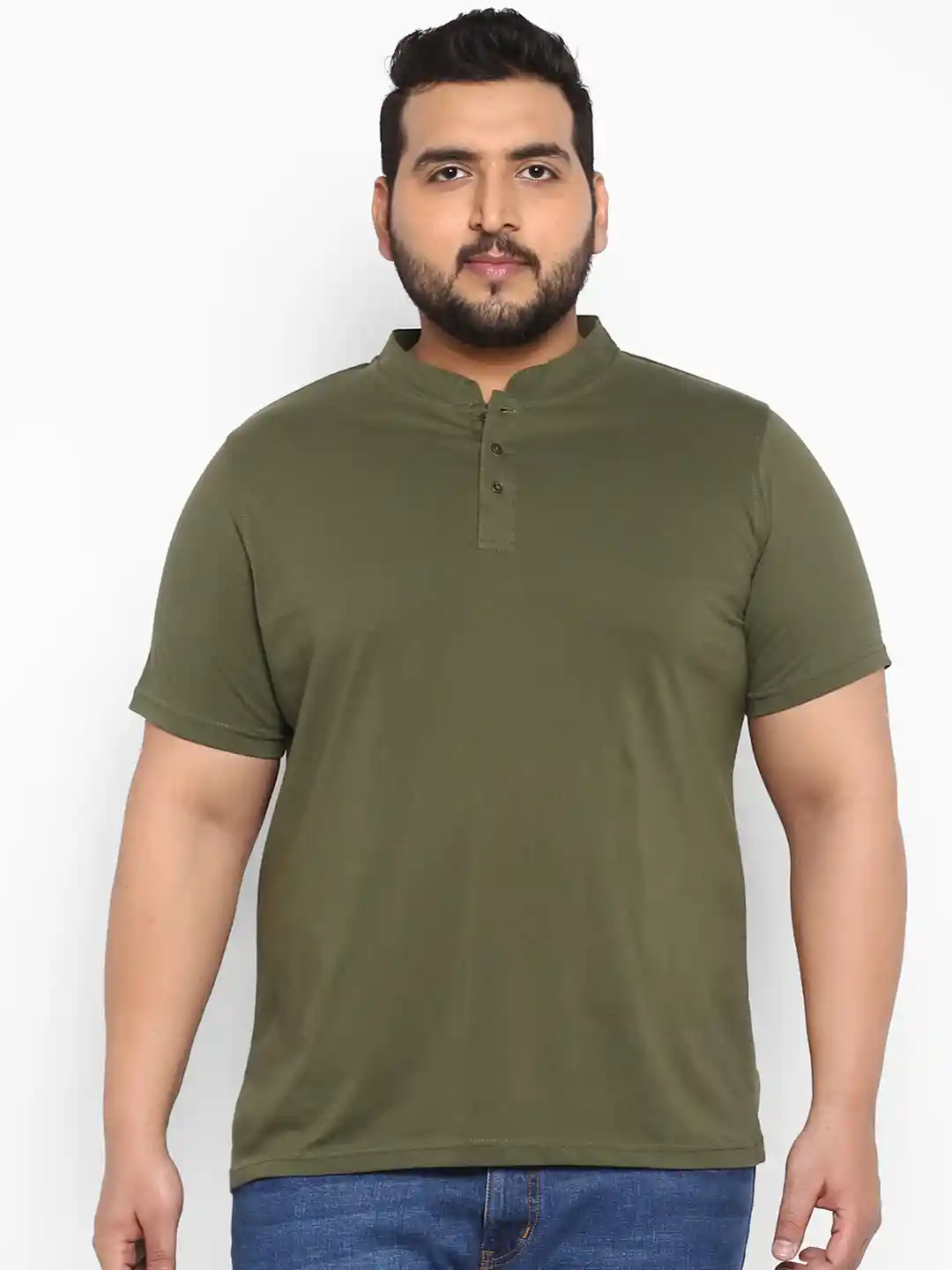 Buy aLL Plus Size Men Olive Green Solid Mandarin Collar T-shirt