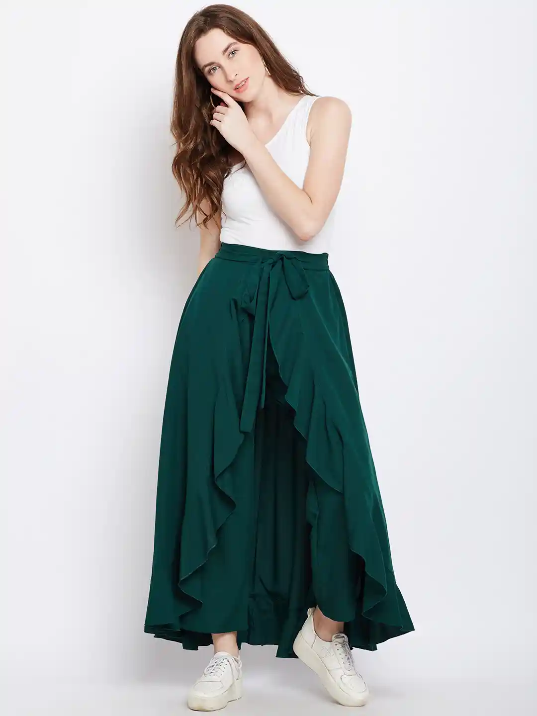 Buy Berrylush Green Ruffled Flared Maxi Skirt with Attached