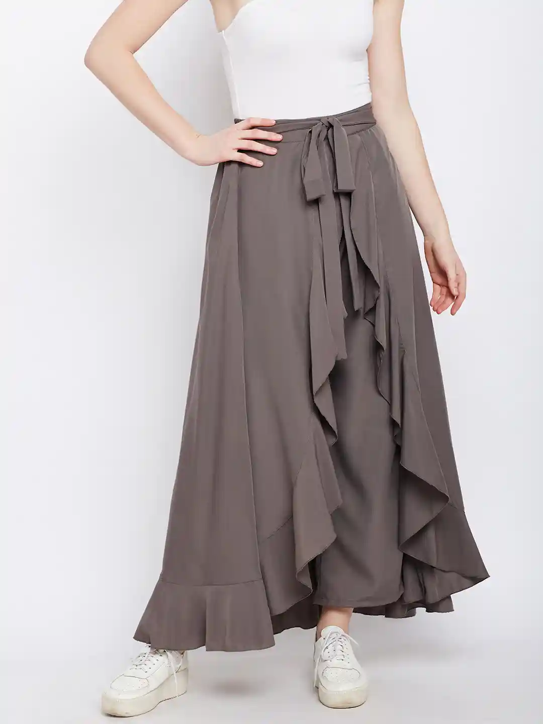Buy Berrylush Grey Solid Ruffled Flared Maxi Skirt with Attached