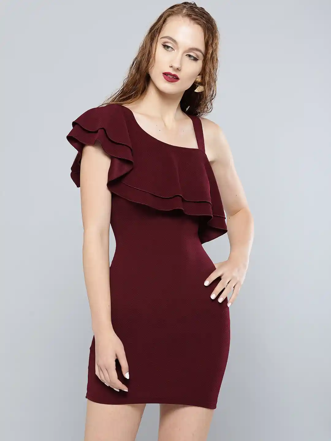 Buy Veni Vidi Vici Women Burgundy Solid Ruffled One Shoulder