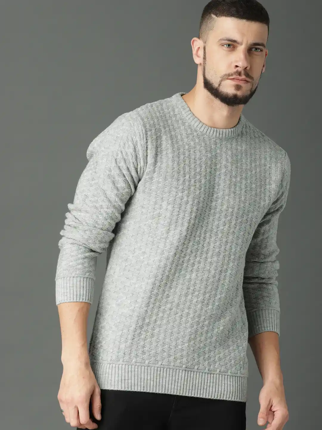 Roadster Men Grey Self Design Pullover