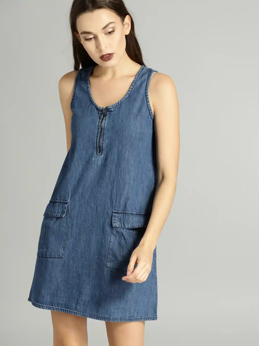 Buy Roadster Women Blue Solid A-Line Denim Dress Dresses for