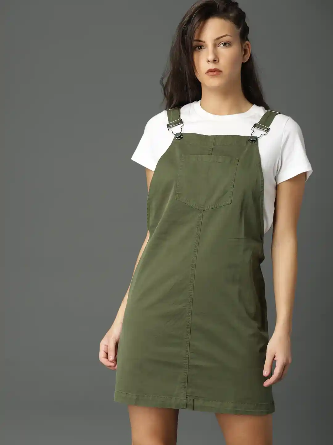 Buy Roadster Olive Green Dungaree Dress Dresses for Women
