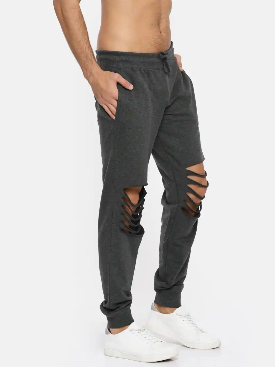 Buy HERE&NOW Men Charcoal Grey Ripped Joggers Track Pants for