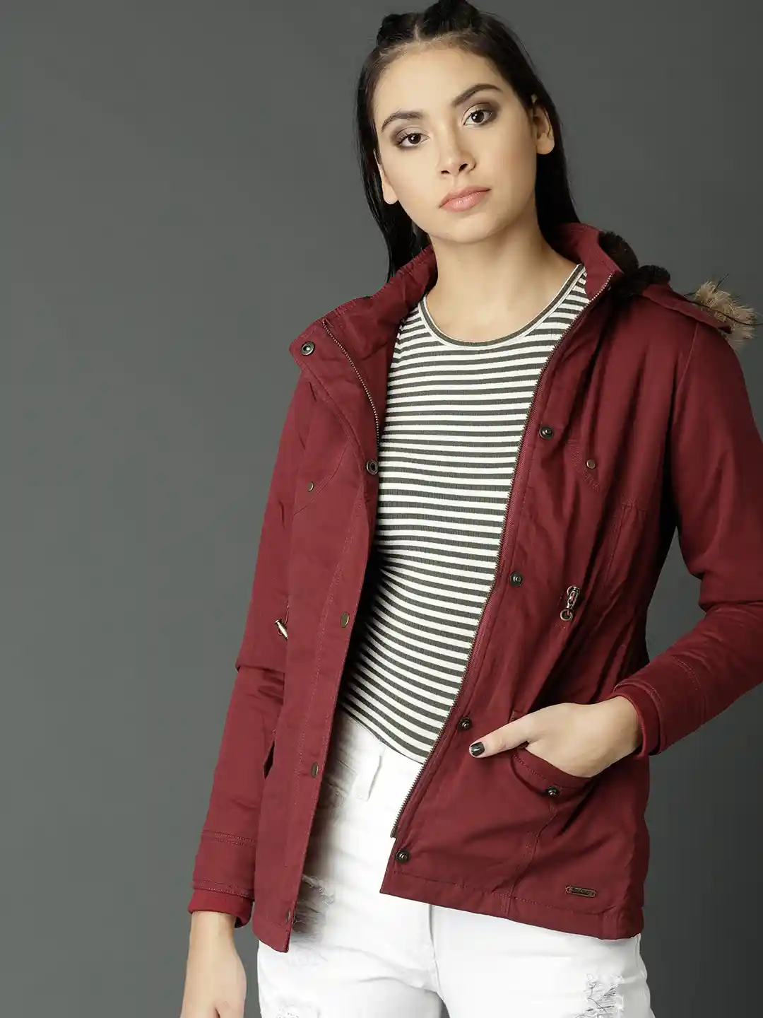 Buy Roadster Women Maroon Solid Hooded Parka Jacket Jackets for