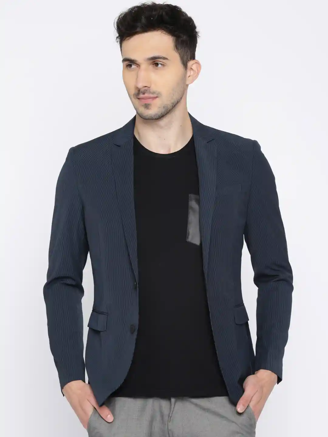 Buy Jack Jones Navy Black Striped Single-Breasted Casual