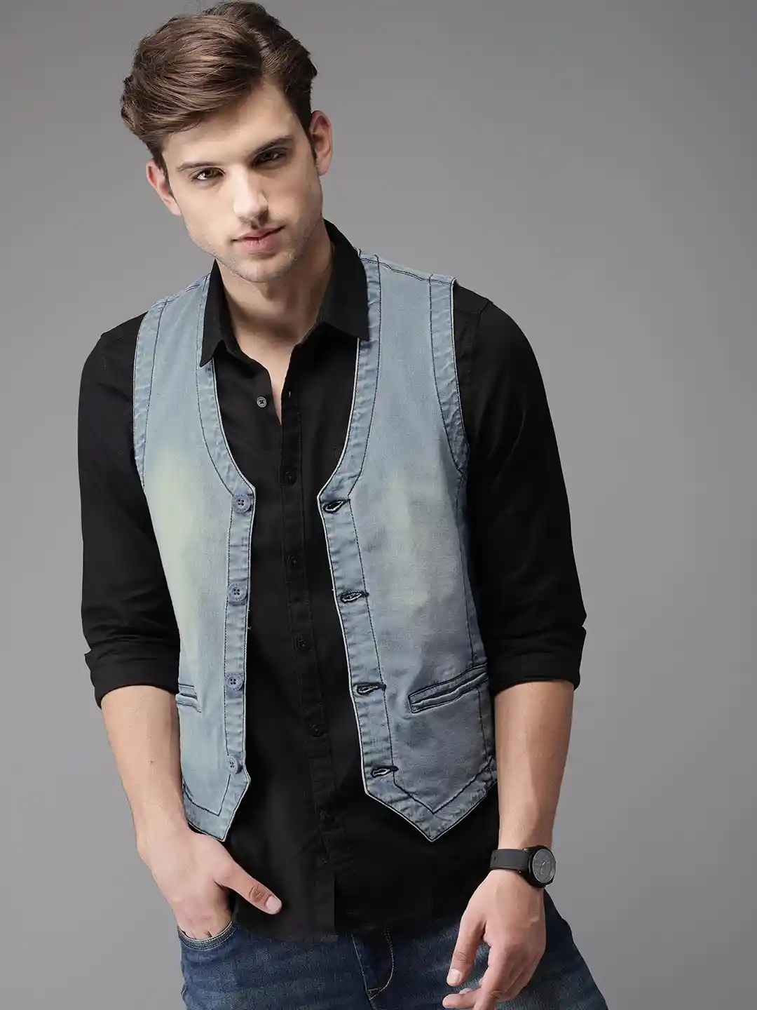 Waistcoats Mens Fashion Vest With Jeans HERE&NOW Blue Regular Fit Solid  Casual Denim Pure Cotton Waistcoat