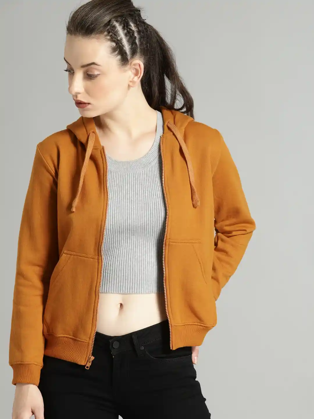 Buy Roadster Women Mustard Yellow Solid Hooded Sweatshirt